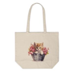 Floral Cat in a Basket Custom Canvas Tote Bag